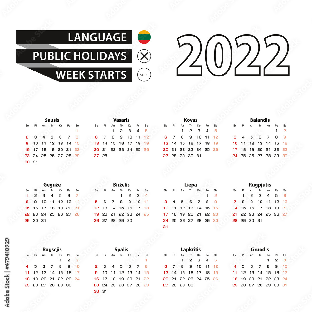 2022 calendar in Lithuanian language, week starts from Sunday.