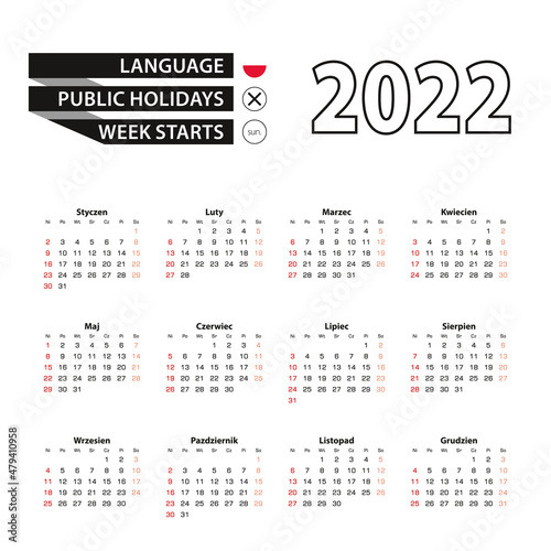 2022 calendar in Polish language, week starts from Sunday.