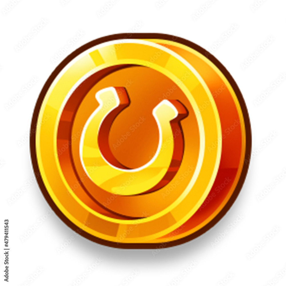 Illustration, gold painted coin with the image of a horseshoe for the game. Illustration, gold painted coin with the image of a horseshoe for the game.