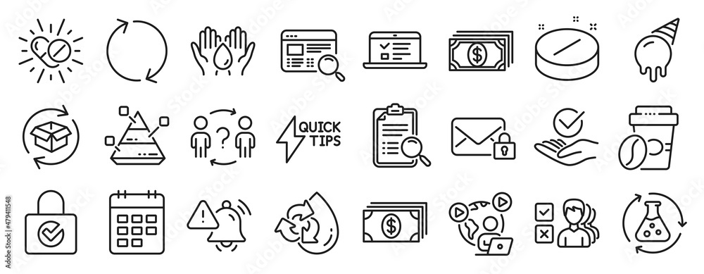 Set of Business icons, such as Banking, Search analysis, Recycle water icons. Approved, Quickstart guide, Web lectures signs. Calendar, Medical tablet, Return parcel. Ice cream, Safe water. Vector