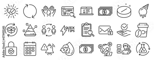 Set of Business icons  such as Banking  Search analysis  Recycle water icons. Approved  Quickstart guide  Web lectures signs. Calendar  Medical tablet  Return parcel. Ice cream  Safe water. Vector