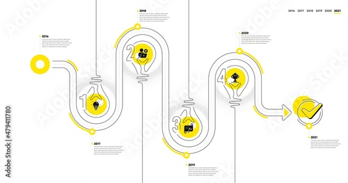 Business Infographic timeline with 4 steps. Lightbulb journey path infographics. Workflow process diagram with Idea bulb, Working employee, Journey path and Winner cup icons. Vector