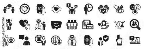 Set of People icons, such as Smile face, Search employees, Woman love icons. Users chat, International recruitment, Waiting signs. Cogwheel, 5g internet, Heart. Heart target, Click hand. Vector
