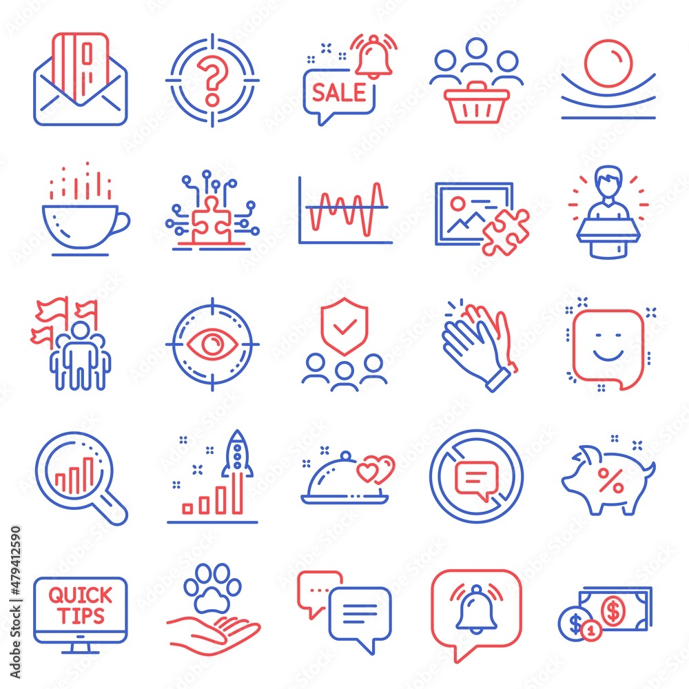 Business icons set. Included icon as Notification bubble, Stock analysis, Dots message signs. Loan percent, Credit card, Clapping hands symbols. Headhunter, Romantic dinner, Puzzle options. Vector