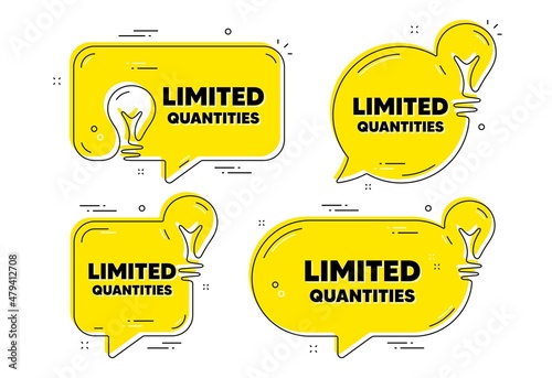 Limited quantities text. Idea yellow chat bubbles. Special offer sign. Sale promotion symbol. Limited quantities chat message banners. Idea lightbulb balloons. Vector