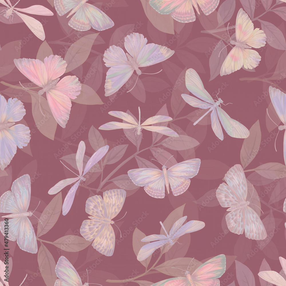 Seamless pattern of butterflies and dragonflies on an abstract background. Abstract botanical ornament for design, wallpaper, packaging, print.