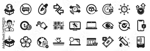 Set of Business icons, such as Stop voting, Support consultant, 24h delivery icons. Monitor repair, Drag drop, Rejected payment signs. Myopia, Synchronize, Parking place. Eye drops, Timer. Vector