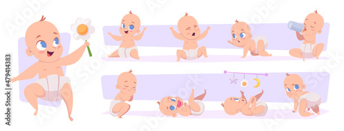 Fototapeta Naklejka Na Ścianę i Meble -  Newborn characters. Little funny baby bathing and playing with toys sleep in diaper exact vector toddler kids