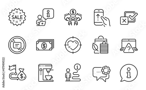 Fototapeta Naklejka Na Ścianę i Meble -  Business icons set. Included icon as Checkbox, Coffee maker, Employees messenger signs. Heart target, Stop talking, Bio shopping symbols. Sale, Swipe up, Banking. Financial goal. Vector