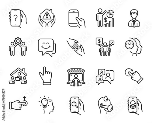 Vector set of Hold smartphone, Work home and Teamwork line icons set. Employees teamwork, House protection and Smile face icons. Time management, Market buyer and Delivery app signs. Vector