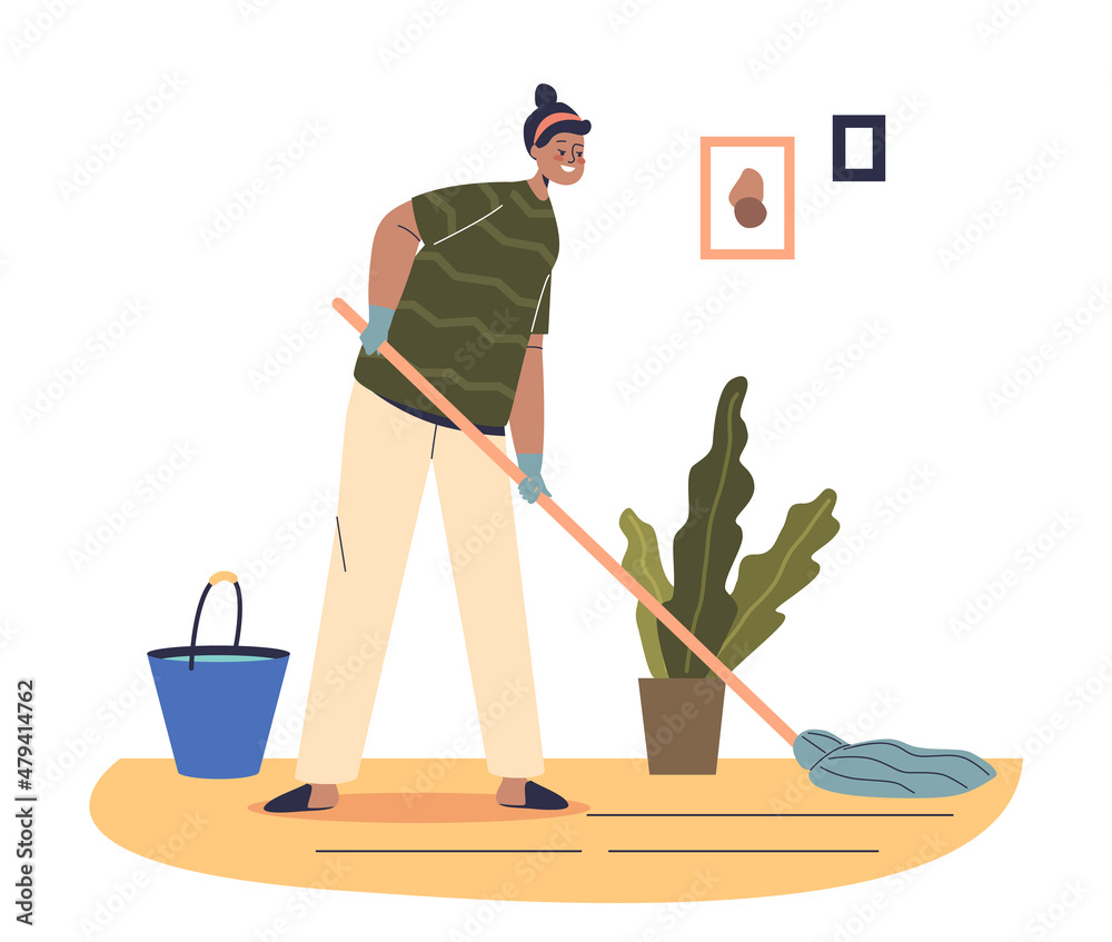 Woman mopping floor. Young female housekeeper cleaning house. Household activities