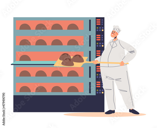 Male baker putting raw bread to industrial oven. Man working on bread and baking pastries production