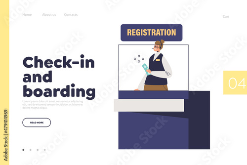 Check-in and boarding concept of landing page with woman worker of airport registration desk