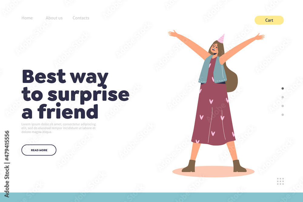 Best way to surprise friend concept of landing page with cheerful girl at holiday party Best way to surprise friend concept of landing page with cheerful girl at holiday party