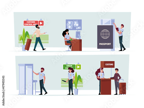 Customs services. Airport control officers security stuff inspection point luggage conveyor machines scanners gates garish vector flat concept pictures