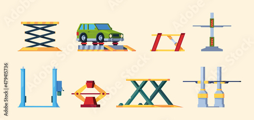 Car lifting. Work elevator for auto service for vehicles repairing garage repair hydraulics processes garish vector flat colored illustrations set isolated