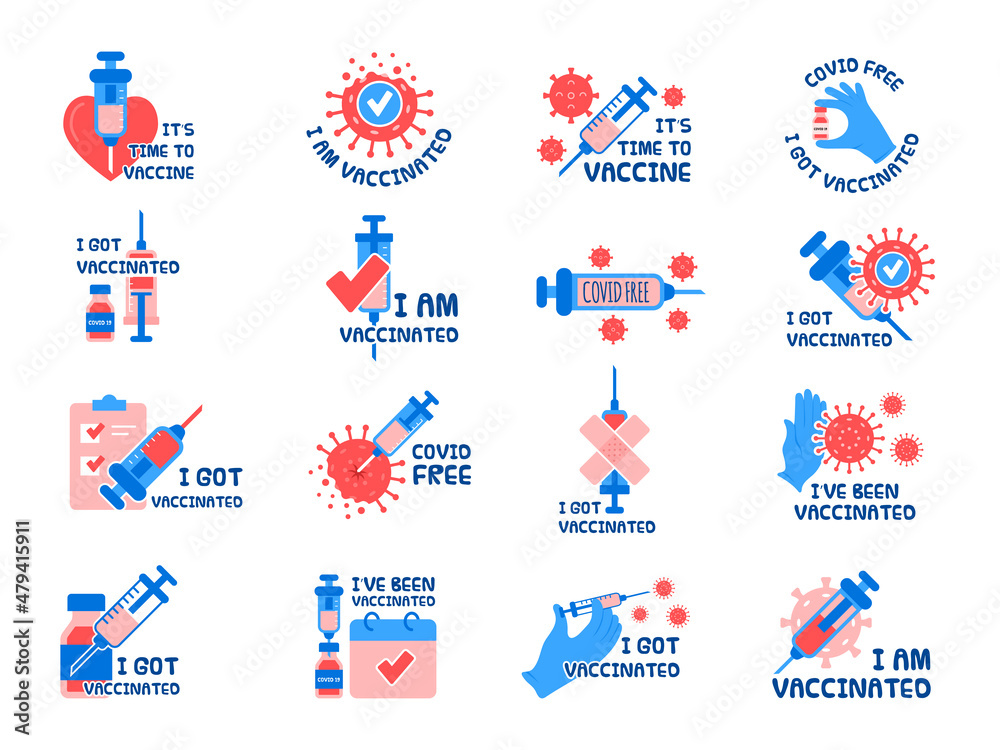 Vaccination symbols. Virus protected badges with syringe picture vaccination pharmaceutical pictures medical sticker recent vector illustration