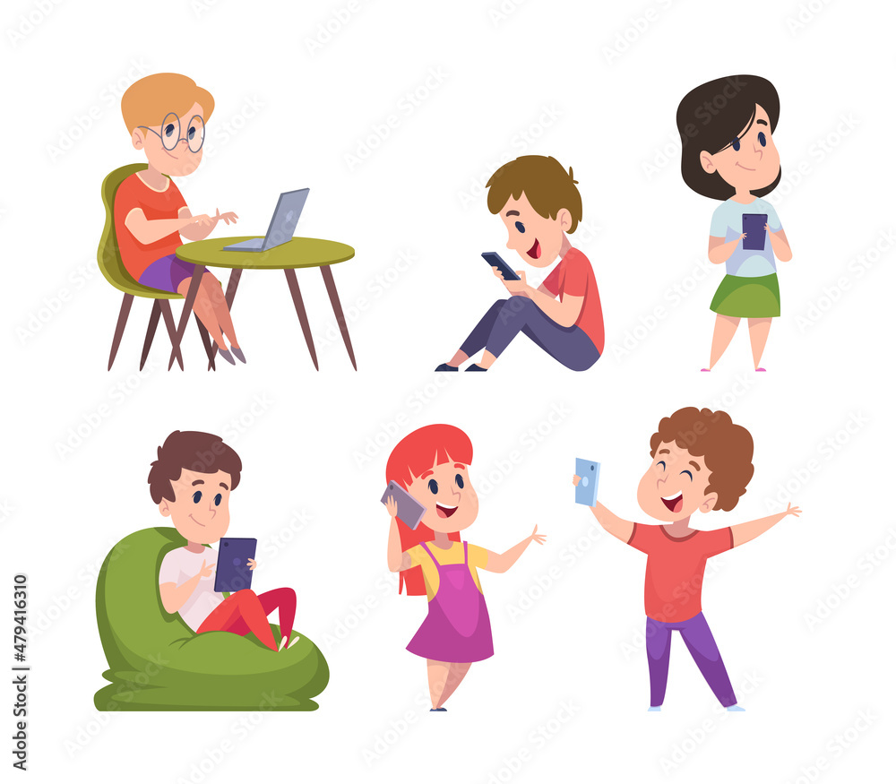 Gadgets kids. Adorable happy children using laptop smartphones tablets touch on digital phone screen holding electronic technics exact vector future technology concept
