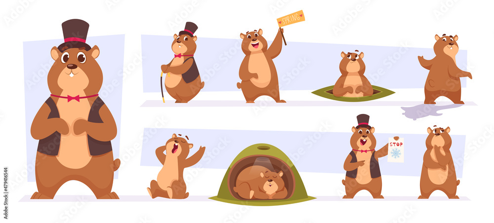 Groundhogs. Cute wild animals day of time loop groundhogs illustrations in cartoon style exact vector pictures set