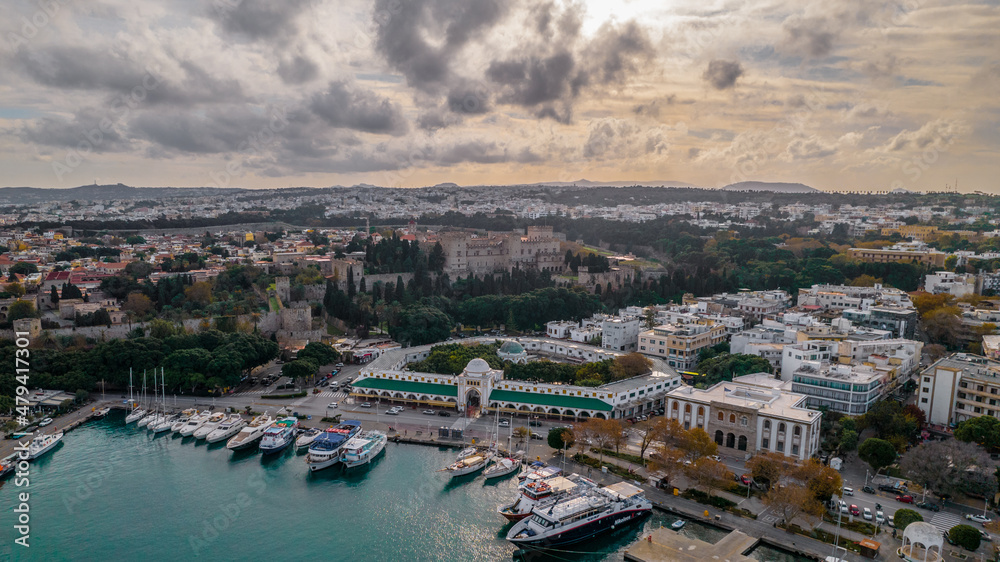 Aerial drone view of Rhodes town center during  sunset