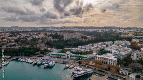 Aerial drone view of Rhodes town center during sunset