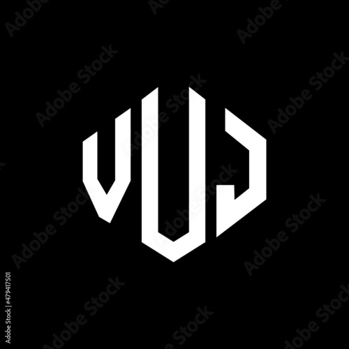 VUJ letter logo design with polygon shape. VUJ polygon and cube shape logo design. VUJ hexagon vector logo template white and black colors. VUJ monogram, business and real estate logo.