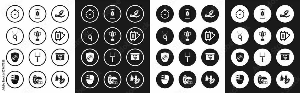 Set American Football ball on hand, Award cup football, Whistle, Stopwatch, ticket, Smartphone with american the screen, Planning strategy concept and shield icon. Vector Set American Football ball on hand, Award cup football, Whistle, Stopwatch, ticket, Smartphone with american the screen, Planning strategy concept and shield icon. Vector