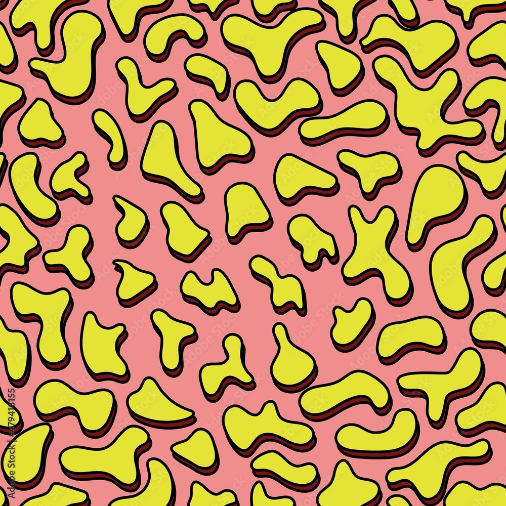 Bright seamless pattern. Yellow spots of abstract shape on a bright pink background. It resembles a cheetah. Vector illustration.