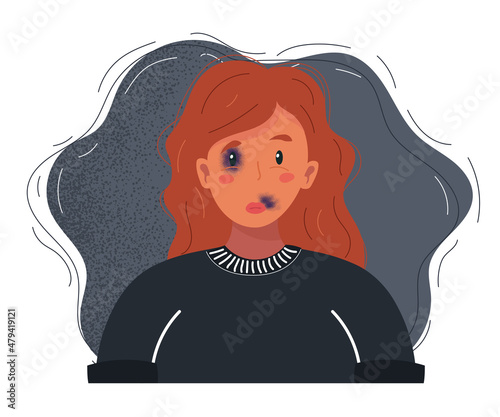 Cartoon vector illustration of young beautiful woman with bruises and abrasions on her face. Domestic violence, tyranny, despotism, women s rights, victim of house tyrant, Stockholm syndrome concept.
