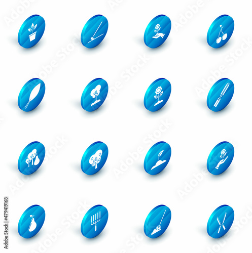 Set Garden rake in work, Hand holding flower, Cherry, Leaf, Tree with pears, the ground, Gardening handmade scissors for trimming and Flower icon. Vector