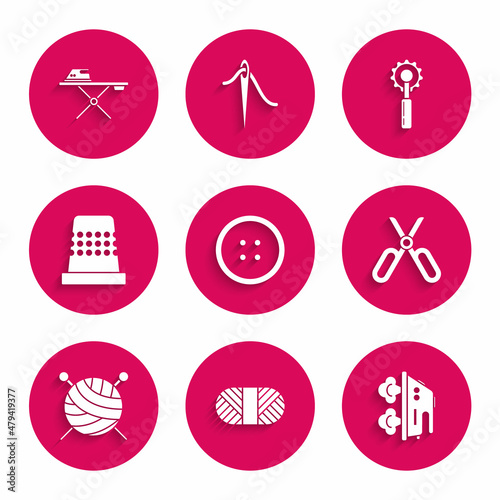 Set Sewing button for clothes, thread spool, Electric iron, Scissors, Yarn ball with knitting needles, Thimble sewing, Cutter tool and and ironing board icon. Vector