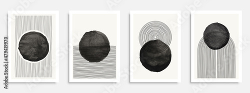 Abstract geometric, natural shapes poster set in mid century style. Geo elements for minimalist print, poster, boho wall decor, flat design Vector minimal art