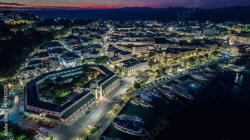 Aerial drone view of Rhodes town center during blue hour time