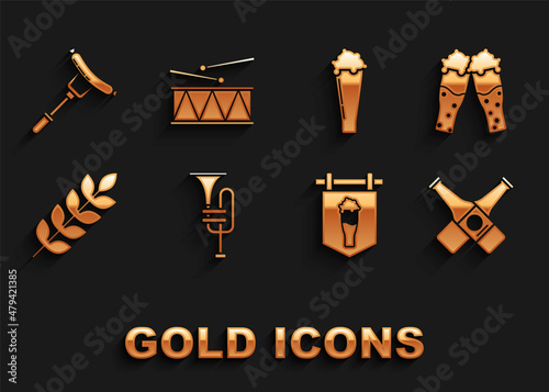 Set Musical instrument trumpet, Glass of beer, Crossed bottle, Street signboard with glass, Cereals set rice, wheat, corn, oats, rye, barley, Sausage on the fork and drum and drum sticks icon. Vector