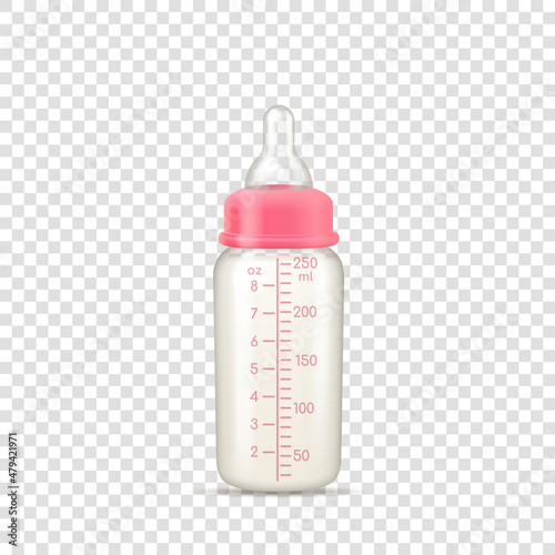 Baby feeding bottle realistic. Baby bottle for girl with pink cap, volume measure for feed formula