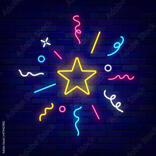 Shiny confetti and streamers with golden star neon sign. Firework with sparkles. Holiday party. Vector illustration