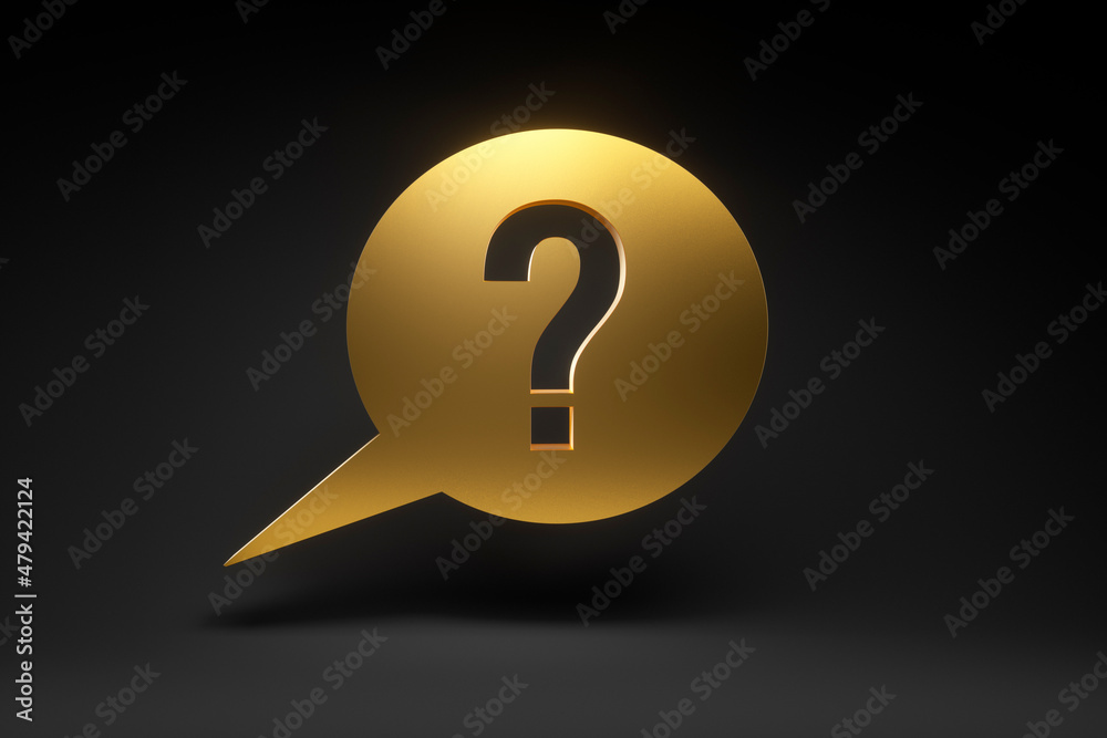 Golden speech bubble with question mark on dark background - 3D illustration Golden speech bubble with question mark on dark background - 3D illustration