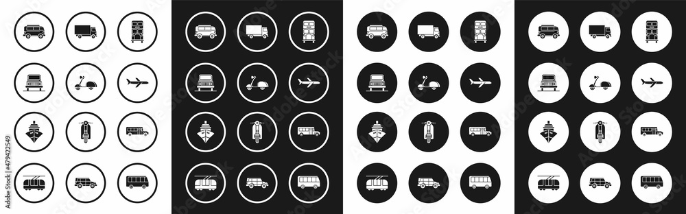 Set Double decker bus, Scooter, Car, Retro minivan, Plane, Delivery cargo truck vehicle, School Bus and Cargo ship icon. Vector