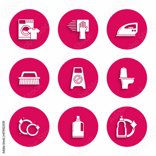 Set Wet floor and cleaning in progress, Plastic bottles for liquid dishwashing liquid, Toilet bowl, Washing dishes, Brush, Electric iron and Washer t-shirt icon. Vector