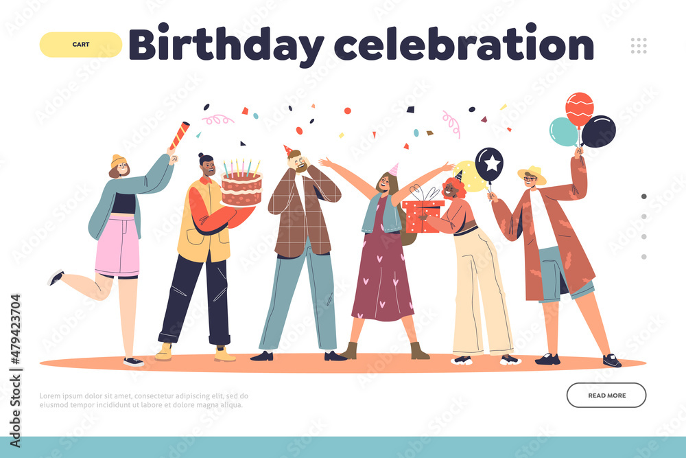 Birthday celebration concept of landing page with group of people congratulating man at party event Birthday celebration concept of landing page with group of people congratulating man at party event