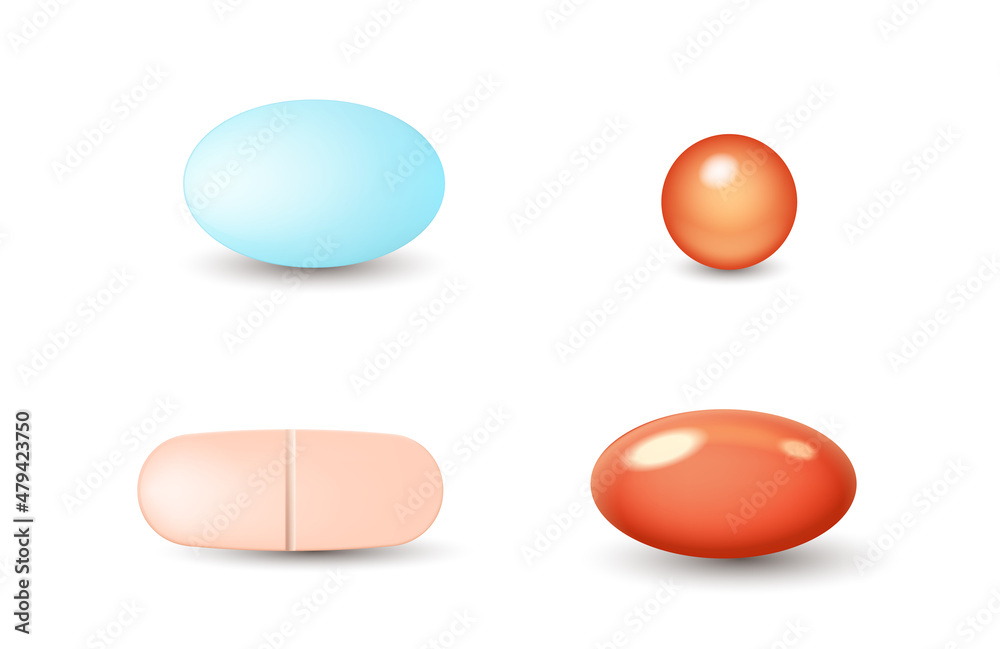 Realistic pills and tablets. Medicine round vitamin, capsule drugs, painkillers, healthcare pharmacy