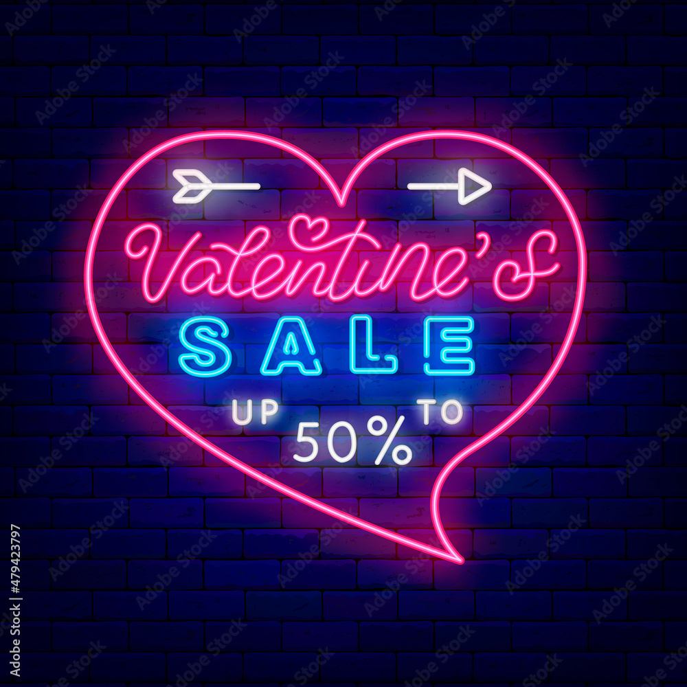 Valentines Sale neon sign in heart shape. Bright speech bubble. Light advertising. Vector stock illustration