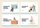 Women busy with household routine chores landing pages set. Female housekeepers housewives cleaning