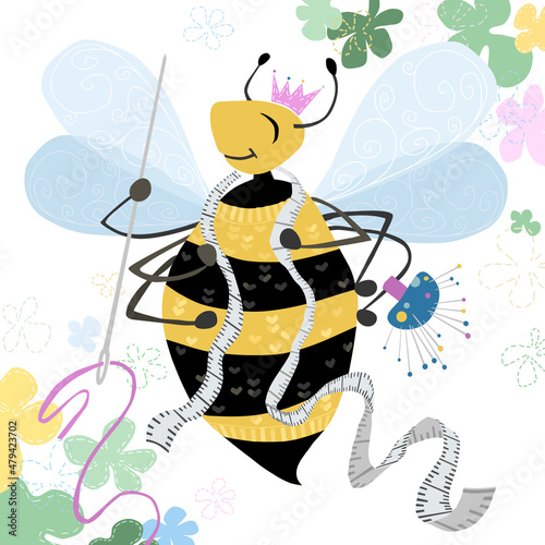 A Bumblebee with a needle and thread, a tape measure, pin cushion with pins. Championing the ‘Sewing Bee’, a small informal social gathering  in which people mend or sew clothes with a needle.
