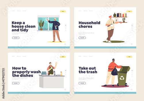 Men cleaning house working on household chores activities landing page set with male washing at home