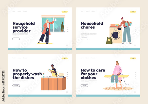 Women busy with household routine chores landing pages set. Female housekeepers housewives cleaning