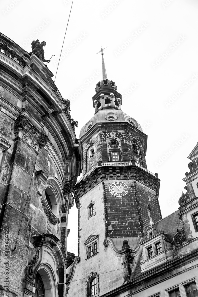 Hausmannsturm tower and Dresden Cathedral Catholic Court Church in the old town or Altstadt of Dresden