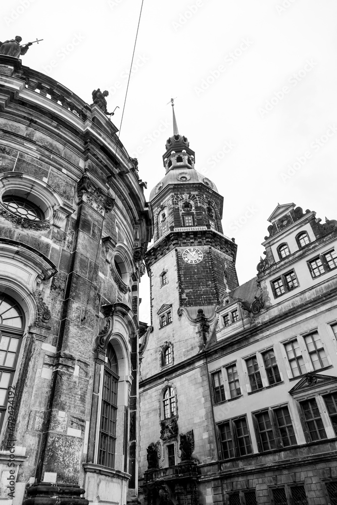 Hausmannsturm tower and Dresden Cathedral Catholic Court Church in the old town or Altstadt of Dresden