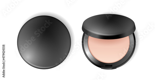 Face compact makeup powder face highlighter. Realistic cosmetic powder in black round plastic case