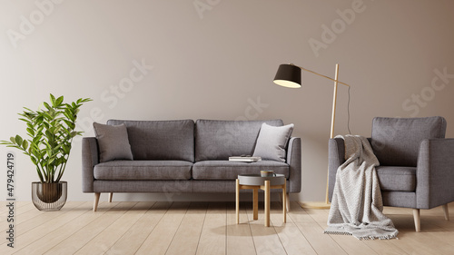 Fototapeta Naklejka Na Ścianę i Meble -  Living room interior with gray velvet sofa, armchair, floor lamp and plant on warm, sepia wall. 3D render. 3D illustration.